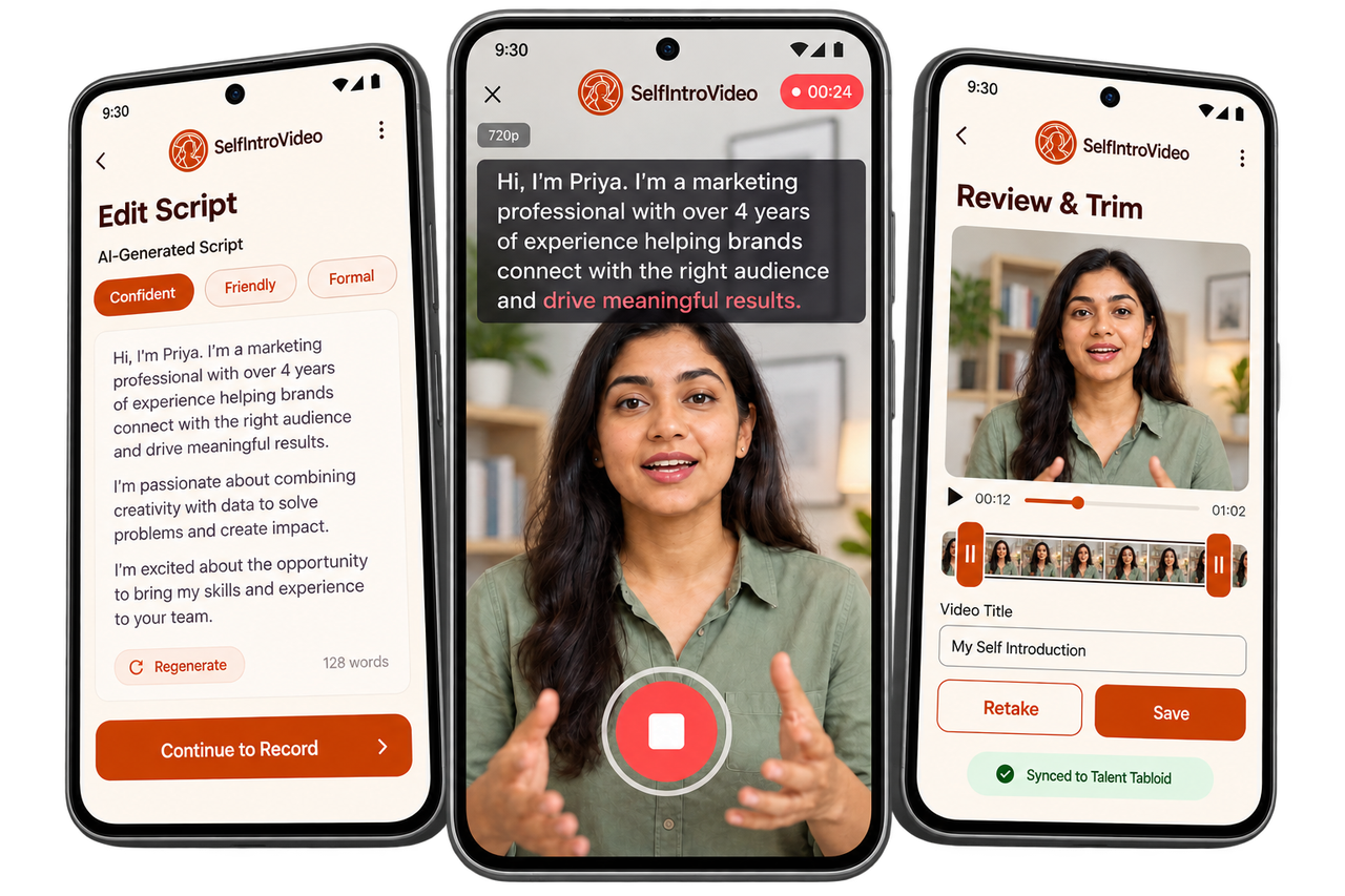 SelfIntroVideo AI script, teleprompter recording and Talent Tabloid sync workflow
