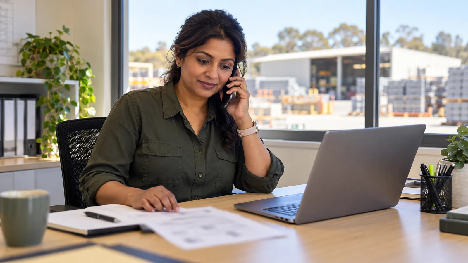 Hiring manager on a phone call at a site-office desk with a laptop and papers, overlooking a work yard.