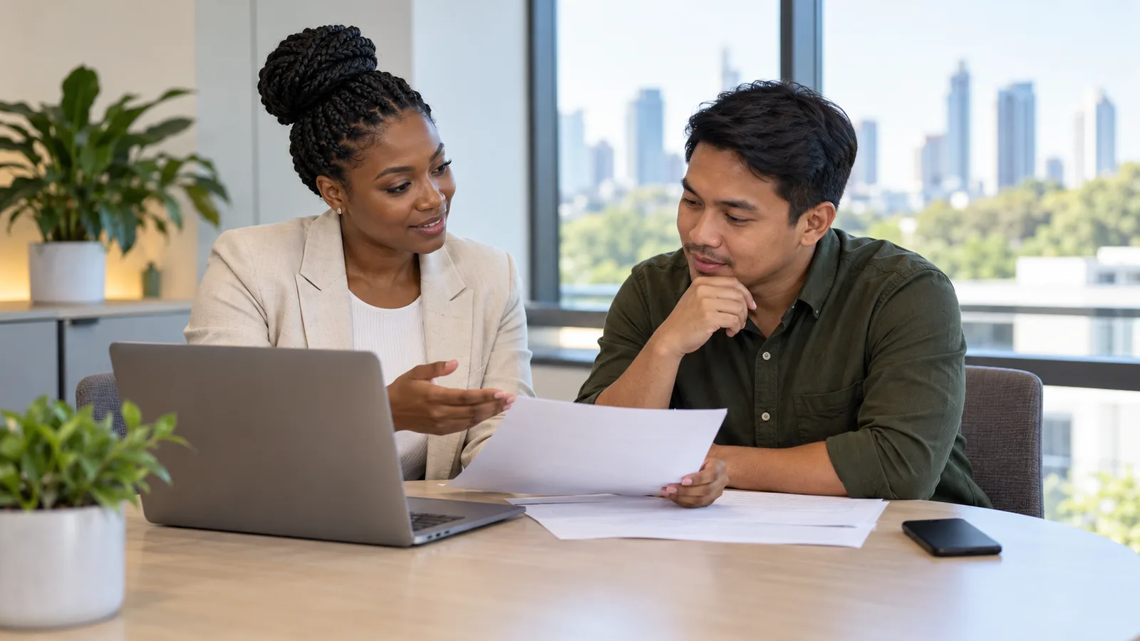 Recruiter and candidate review work history documents together at an office table with a laptop and phone.