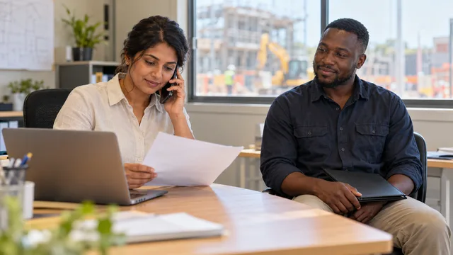 A hiring manager reviews papers during a phone call while a candidate waits with a folder in a bright site office.