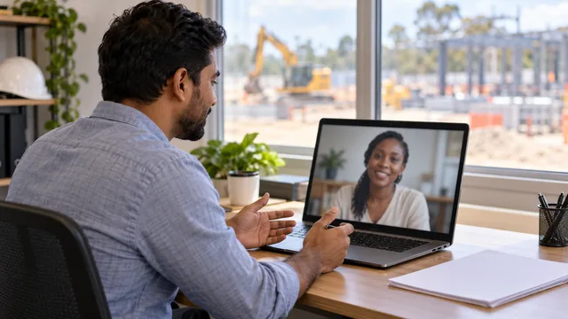 A hiring manager speaks with an African woman candidate on a laptop video call at a sunlit site-office desk.