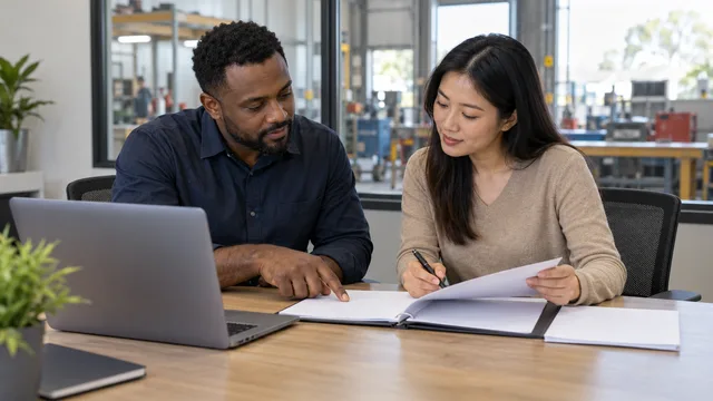 A hiring manager and recruitment consultant review candidate papers beside a laptop in a workshop office.