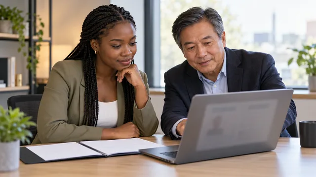 A young African woman and an older Asian hiring manager review a laptop together beside an open folder of papers.