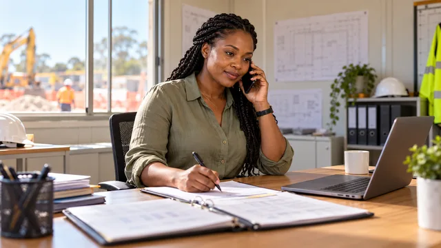 A hiring manager talks on the phone while checking candidate paperwork beside a laptop in a sunlit site office.