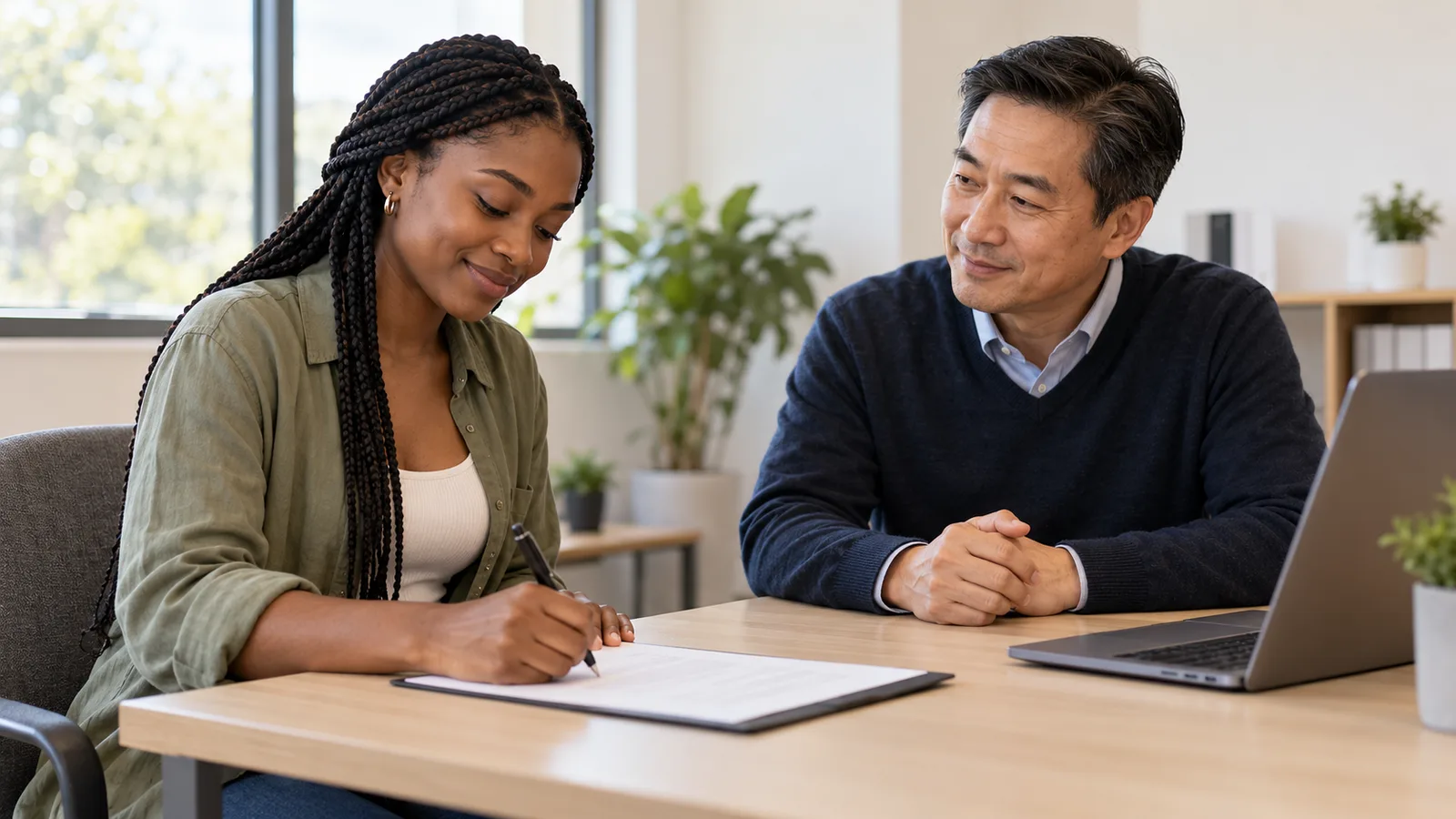 A candidate signs a consent form across from a hiring manager at a sunlit office desk with an open laptop.