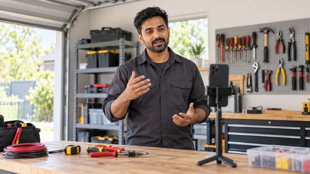 A South Asian electrician records a video introduction on a phone at a workbench in a tidy garage.