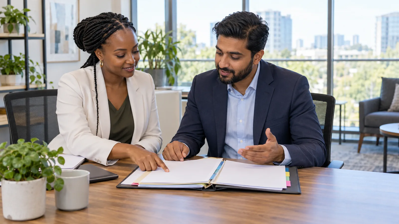 A recruiter and a job candidate review a folder of employment documents together at a bright office table.