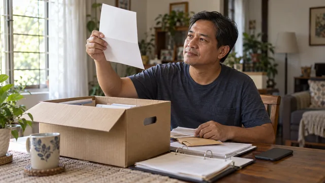 A man examines a folded letter by a window while sorting old work papers from a cardboard box at his dining table.