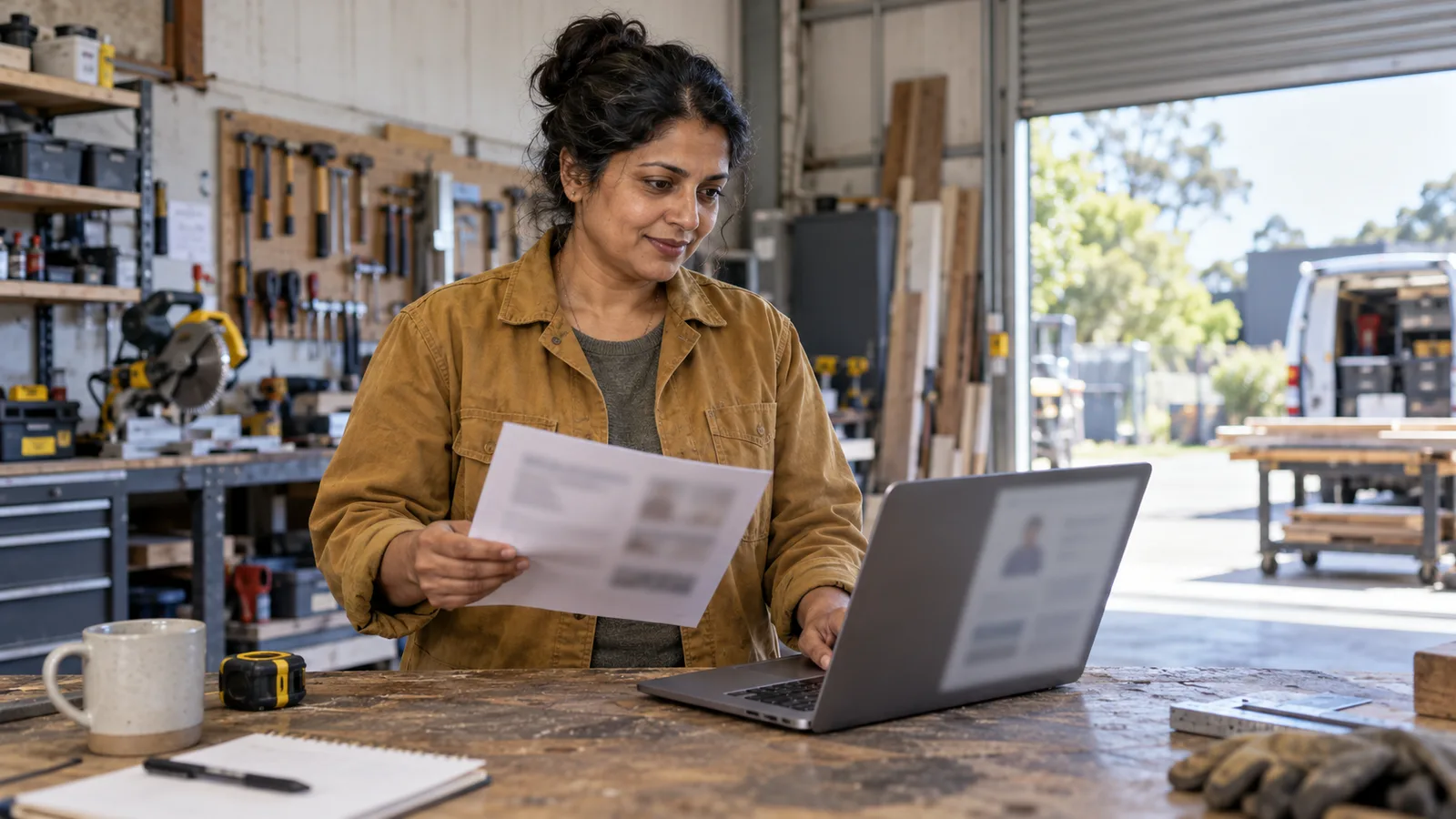 A small-business owner reviews a laptop and holds a printed reference sheet at a workshop bench.