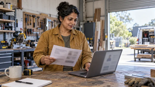 A small-business owner reviews a laptop and holds a printed reference sheet at a workshop bench.