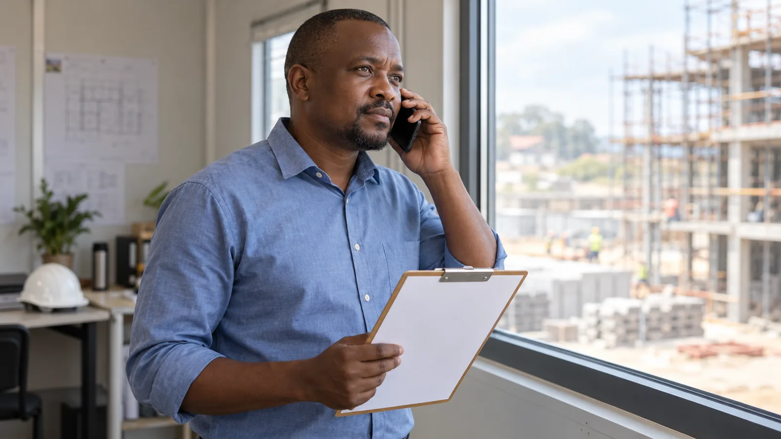 A hiring manager holds a blank clipboard during a phone call beside a site office window overlooking scaffolding.