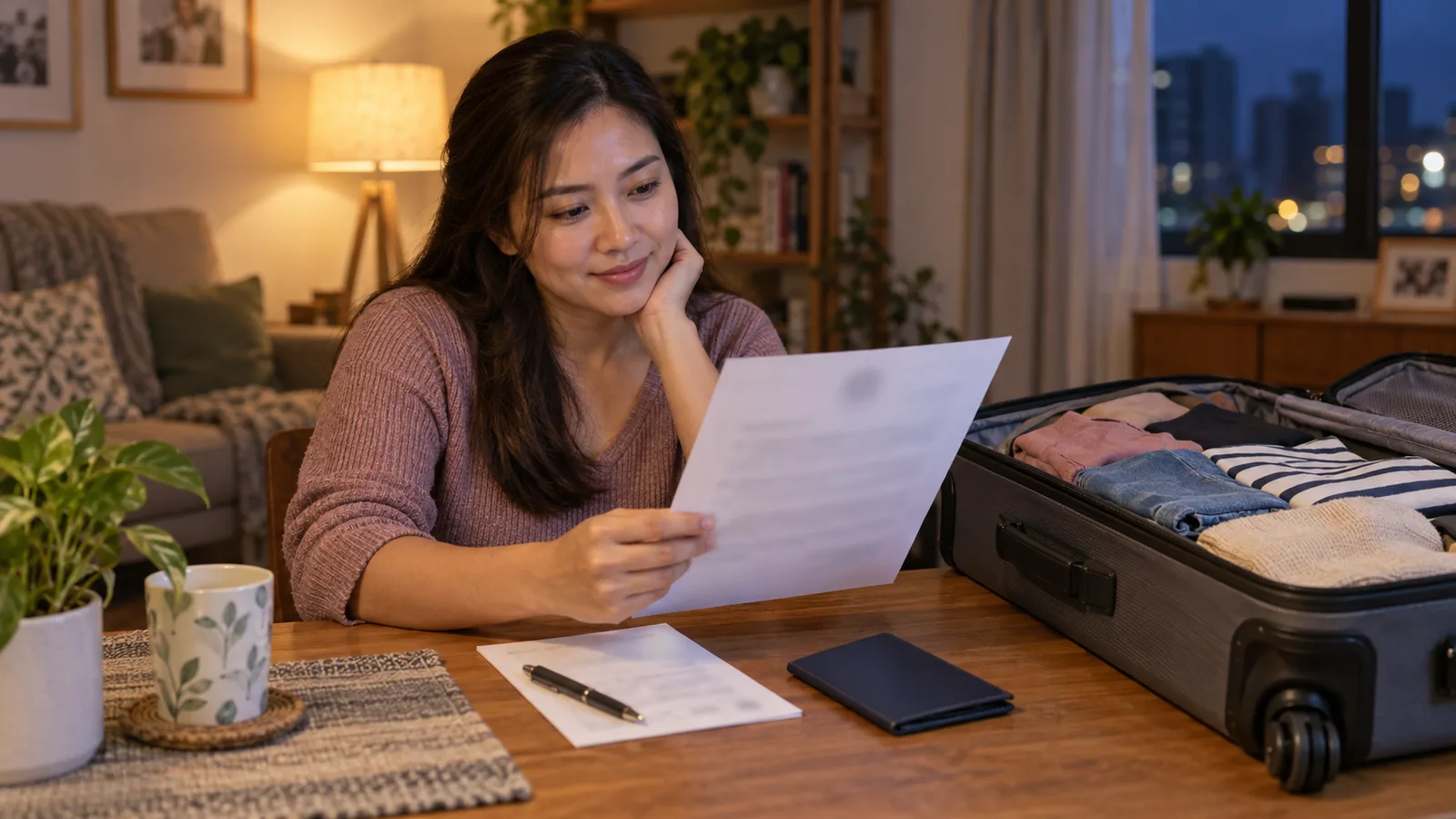 A woman reviews a printed experience letter beside a half-packed suitcase at home in warm evening light.