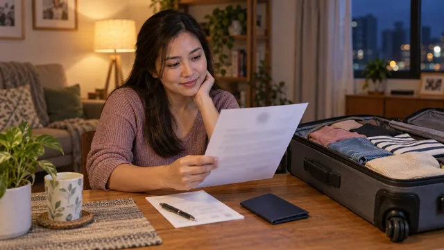 A woman reviews a printed experience letter beside a half-packed suitcase at home in warm evening light.