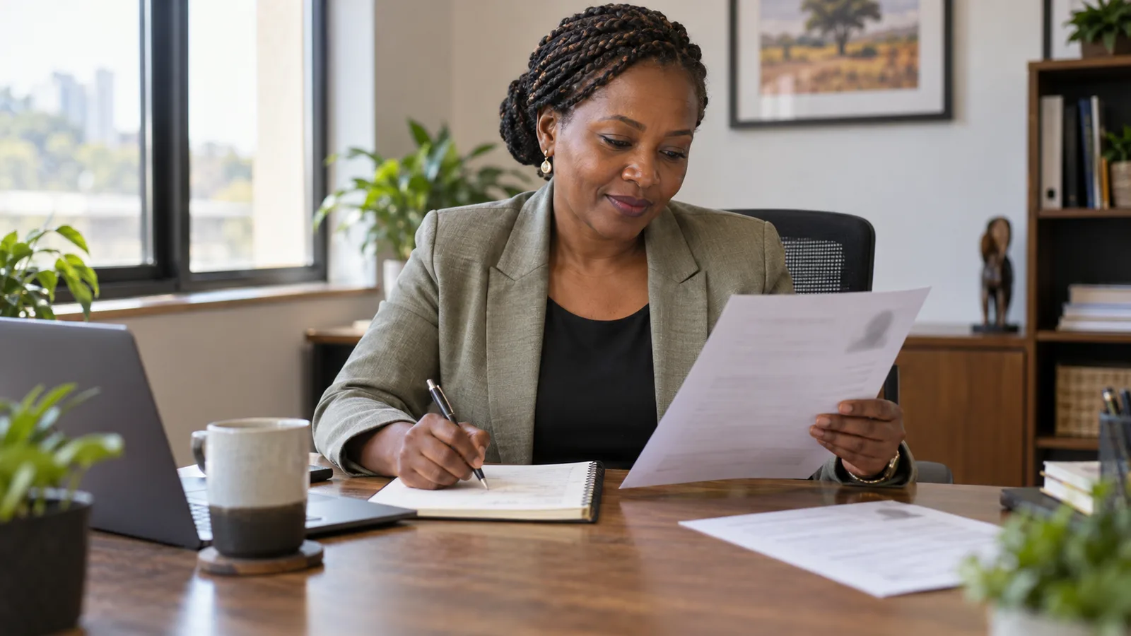 A hiring manager compares a printed CV with a handwritten checklist at her desk in a sunlit office.