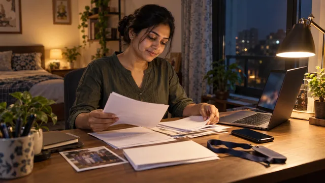 A woman sorts old work papers beside a phone, laptop and lanyard at a warmly lit apartment desk at night.