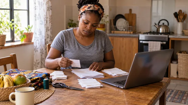 A self-employed seamstress sorts invoices and receipts at her kitchen table beside an open laptop.