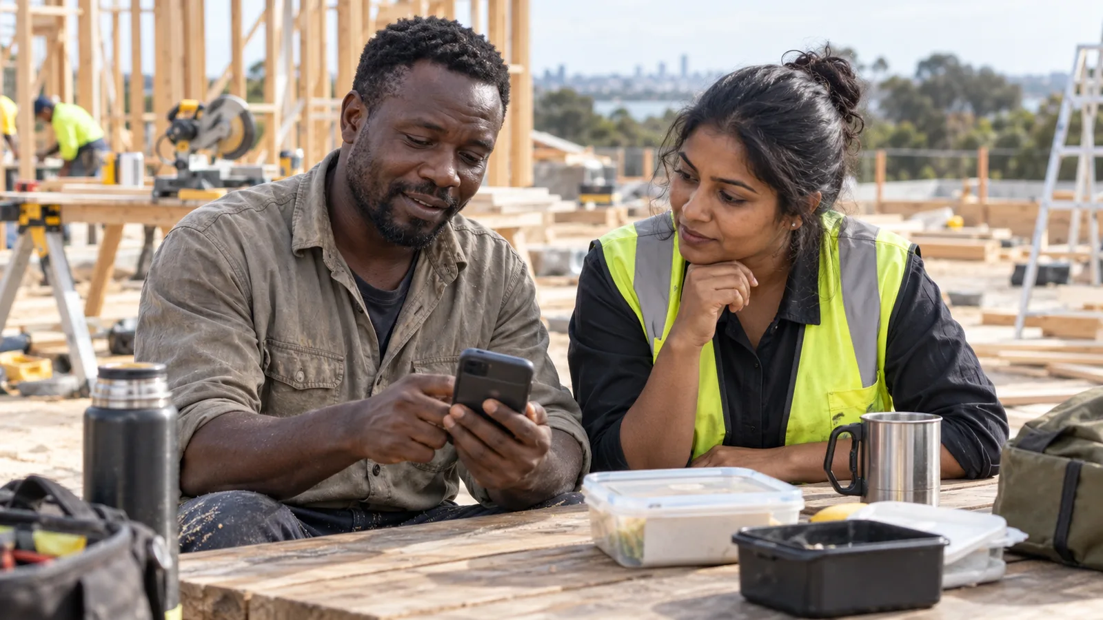 A carpenter shows his phone to a site supervisor in a hi-vis vest at a building site's lunch table.