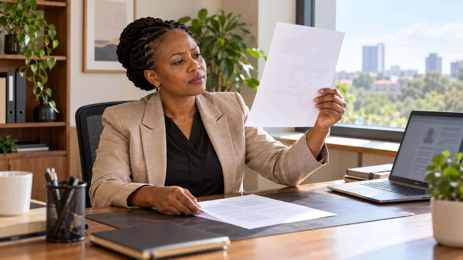 An employer holds a letter up to window light while checking a second document on her office desk.