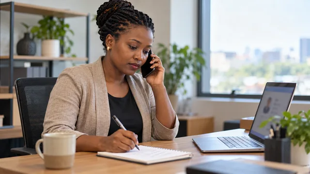 An employer takes notes during a phone call at her desk beside a laptop displaying a blurred candidate profile.