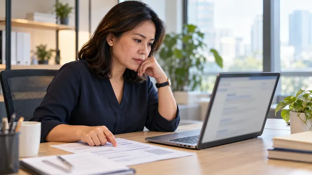 A hiring manager compares a printed CV with blurred search results on her laptop in a bright office.