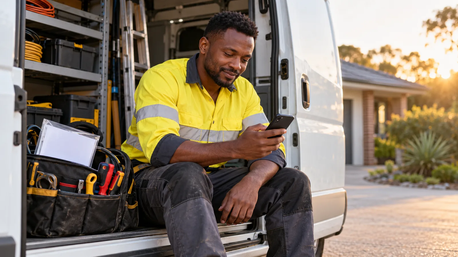 An electrician in a hi-vis shirt sits in his van doorway, checking his phone beside a toolbag in warm afternoon light.