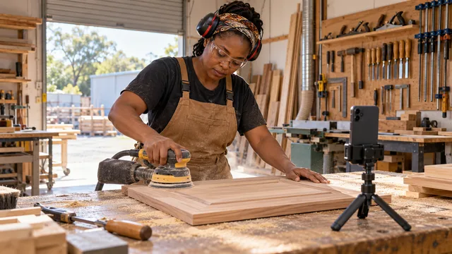A carpenter sands a cabinet door in a sunlit workshop while a phone on a small tripod films her work.