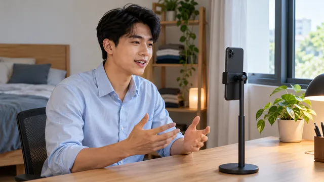A young man records a video introduction on an upright phone at eye level beside his bedroom window.