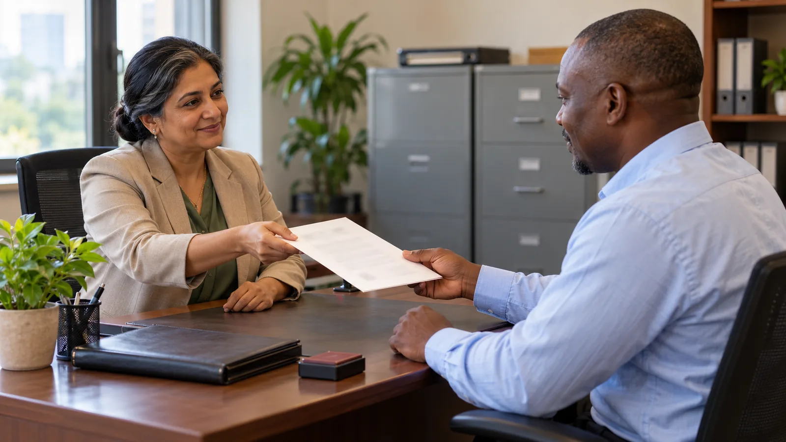 An HR officer hands a former employee a letter across her desk in a softly lit office.