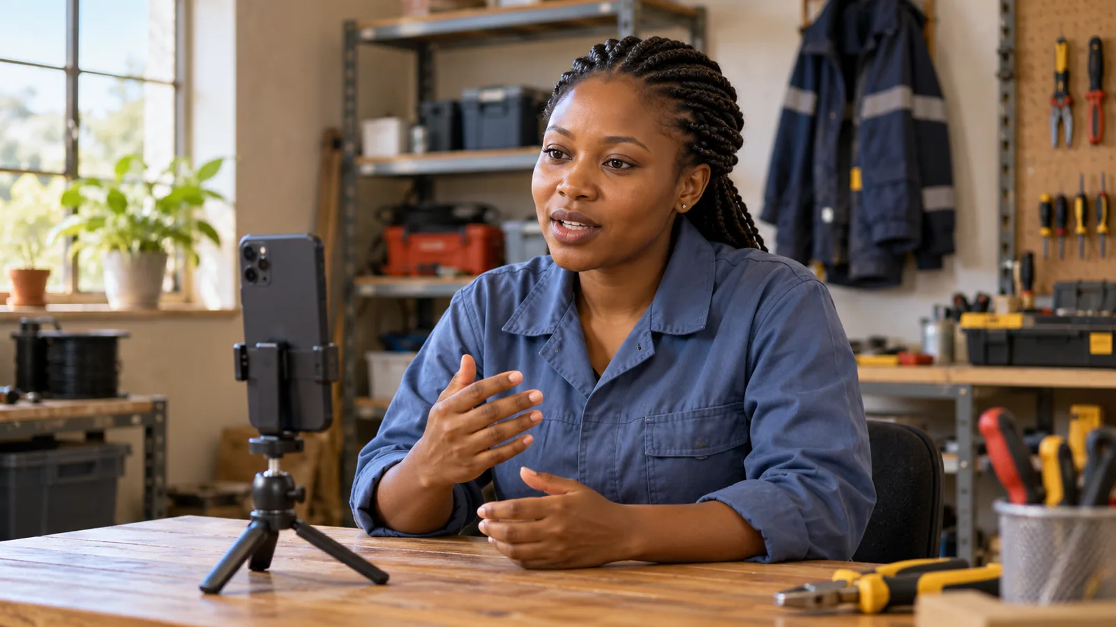 A woman electrician records a job introduction video on a phone mounted on a small tripod in a sunlit workshop.