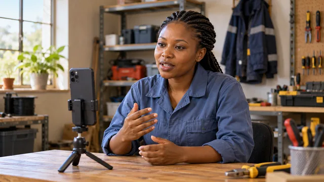 A woman electrician records a job introduction video on a phone mounted on a small tripod in a sunlit workshop.