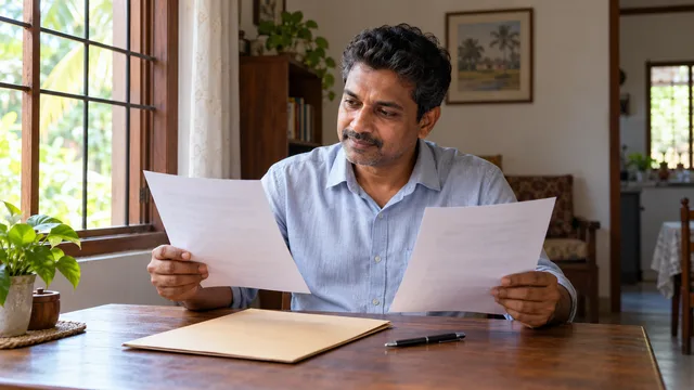 A man compares two work letters at a wooden table by a sunlit window, with a folder and pen nearby.