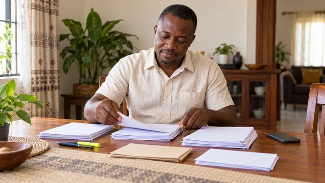 A man sorts papers into neat piles at a sunlit dining table beside envelopes, a highlighter and a face-down phone.