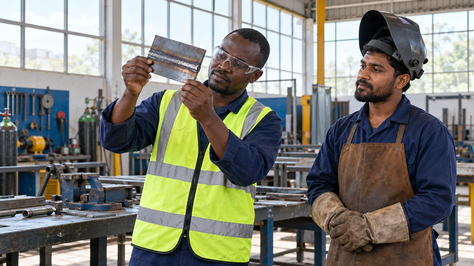 A workshop supervisor inspects a welded steel test plate while the welder waits beside him.