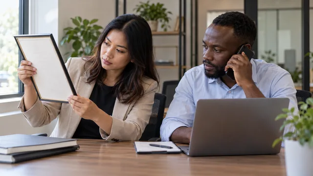 An HR manager examines a framed degree certificate while her colleague makes a phone call beside an open laptop.