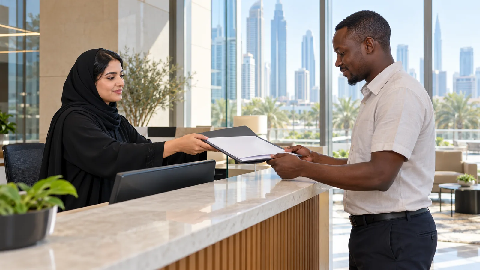 A woman in an abaya hands a document folder to a man at a bright office reception counter overlooking city towers.